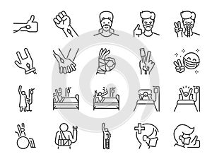 Recovery patients line icon set. Included icons as Positive thinking, sickness, illness, get well,Â healthy, medical and more.